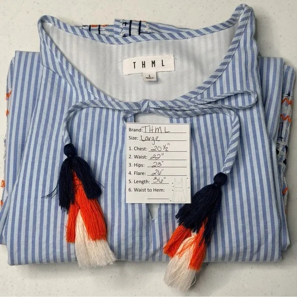 THML Blue and White Striped Cotton Sun Dress with Tassels & Embroidered Details - Picture 14 of 14